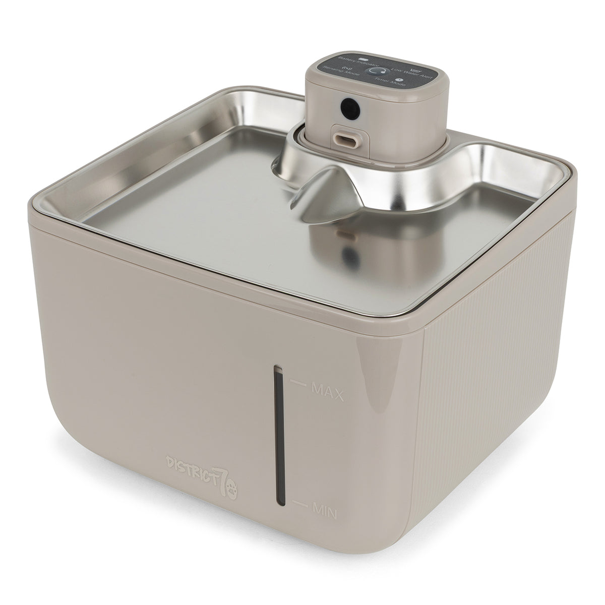 AURA drinkfontein in beige vanuit een hoek, 3,5 liter waterreservoir